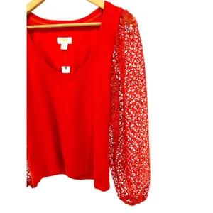 Maeve Anthropologie Red Knit Top Lace Crochet Balloon Sleeves Modern‎ Chic M thumbnail 2
