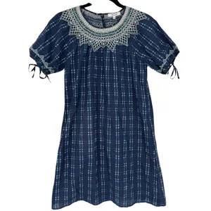 NWT Madewell Embroidered Puff-Sleeve Babydoll Dress Indigo Plaid Size XS Preppy‎ thumbnail 5
