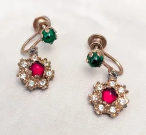 Vintage Screw On Earrings Green, Red, Clear, Gold Tone Regal Dangle Earrings thumbnail 1