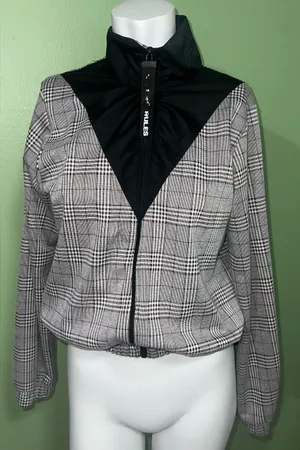 Zara Gray Plaid Bomber Jacket with Black Contrast Yoke thumbnail 1