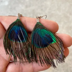 Peacock feather fishhook earrings Blue thumbnail 2