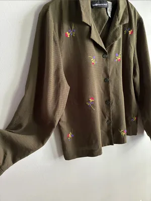 Vintage 90s Sag Harbor Olive Green Embroidered Floral Blouse L XL thumbnail 3