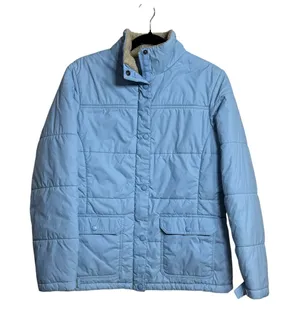 Lands End Womens M 10-12 Light Blue Quilted Puffer Jacket Sherpa Collar Zip Snap thumbnail 1