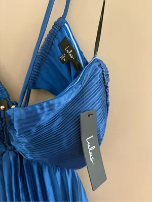 Lulus Aerin Blue Satin Pleated Cutout Midi Dress Size Medium Sleeveless Cocktail thumbnail 7