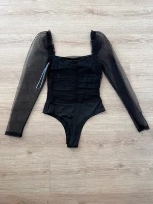 Lulus Dare To Be You Black Tulle Ruched Long Sleeve Bodysuit thumbnail 3