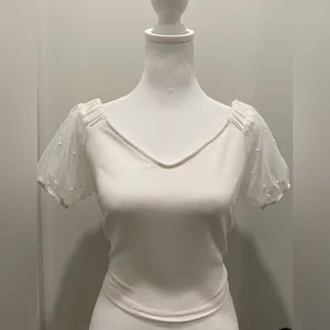 White Blouse Crop Top With Mesh & Pearl Detail Puff Sleeves - M thumbnail 2