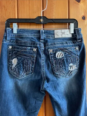 Miss Me Ladies Dark Blue Bootcut Jeans with Fading Angel wing pockets size 29 thumbnail 3