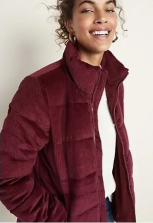 Old‎ Navy Womens Corduroy Puffer Jacket Burgundy Maroon Fleece Lined Large thumbnail 1