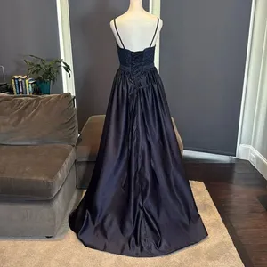 Women’s Blue Full Length Satin Lace Appliqué Party Prom Formal Dress Size 2 NWOT thumbnail 5