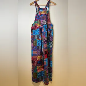 Incredible Retro Boho Multicolor Dopamine Dressing Patchwork 1970s Overalls Red Size M thumbnail 2