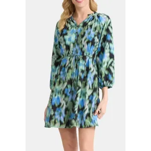 Time and Tru Womens Mini Dress Sz M Floral Ikat Black Ruffle Neck Boho Vacation thumbnail 2