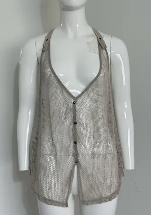Women’s Crochet Tank Top Brown Open Knit Sequin Boho Festival Size L Hippie thumbnail 1