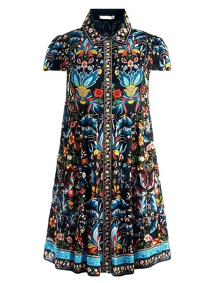 Alice + Olivia‎ Meeko Embroidered Tiered Floral Print Crepe Mini Shirt Dress 4 thumbnail 4