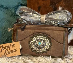 New Tony Lama Western Brown Crossbody Bag with Embellished Concho Design thumbnail 1