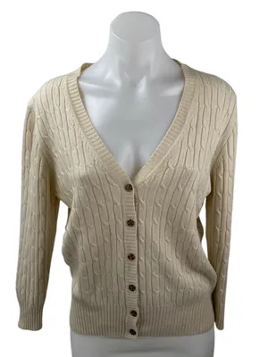 J.Crew Cream Wool Cable Knit V Neck Long Sleeve Button Cardigan Sweater Top Sz M thumbnail 1