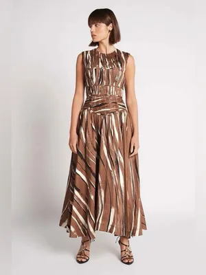 NEW Aje Gabrielle Stripe Pleated Linen Blend Midi Dress brown black small (8) thumbnail 5