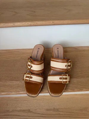 Wedge Slide Sandal in Tan and Cream with Buckle thumbnail 3