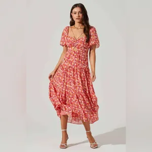 ASTR Cinched Bust Cut Out Center Dress in Red Multi Floral Size Small NWT thumbnail 9