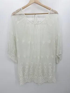 Bikini‎ Lab Women White Sheer Lace Embroidered Tie Back Swim Cover-Up Large thumbnail 1