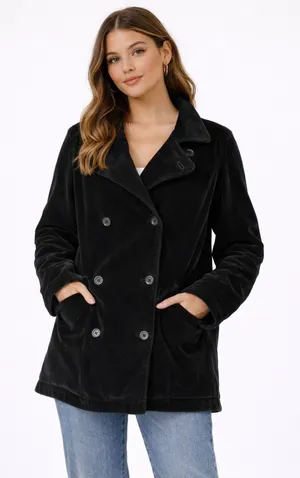 J. Crew Womens‎ Vintage Black Velvet Double Breasted Pea Coat Quilted Lining M thumbnail 1