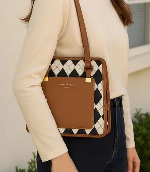 classic Argyle Shoulder Bag Brown PU Leather shoulder bag – Preppy‎ Retro Style thumbnail 1