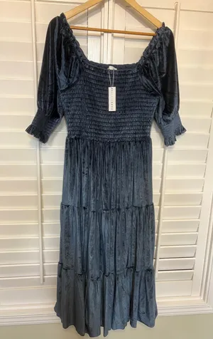 Baltic Born Blue Vivaldi Smocked Velvet Midi Dress Size Medium thumbnail 1