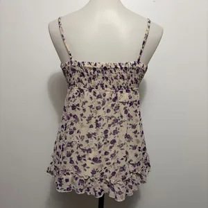 Express Floral Camisole Medium Purple Ruffle Fringe Smocked Babydoll Top Fairy thumbnail 5