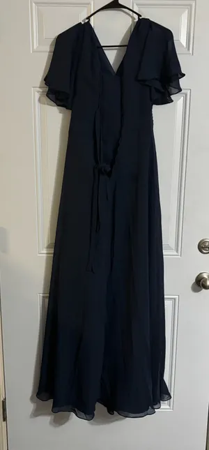Navy blue chiffon maxi dress with flutter sleeves, v-neckline, and ruffled bodice #formal #weddingguest #paddedbra thumbnail 3