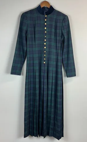 Vintage Tartan‎ Plaid Maxi Dress Womens 4 Green Navy Pleated A-Line Gold Buttons thumbnail 1
