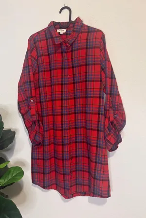 Umgee Red Plaid Long Sleeve button up Shirt Dress small thumbnail 1