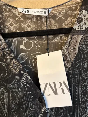NEW! ZARA Black Gray Paisley Tiered Mini Dress SMALL Semi Sheer Balloon Sleeves thumbnail 2
