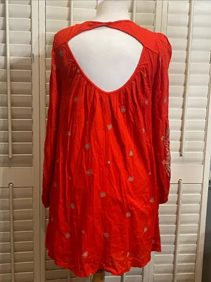 NWOT Free People Red Embroidered V-Neck Mini Babydoll Dress thumbnail 6