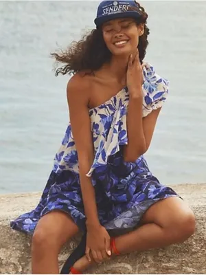 Anthropologie Boho Floral One-Shoulder Ruffle tier Mini Dress Resortwear fairy thumbnail 1