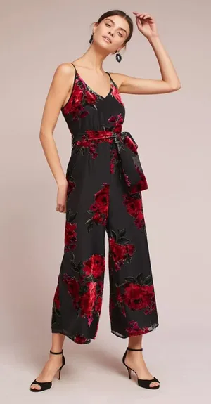 Anthropologie Ettwa Burnout Velvet Jumpsuit Black Red Floral Wide Leg‎ small thumbnail 1