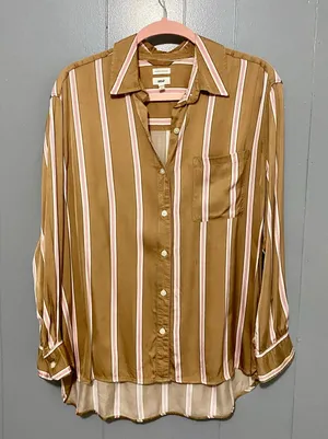Aerie Tan Striped Satin PJ-To-Party Long Sleeve Button-down Casual Shirt S thumbnail 1