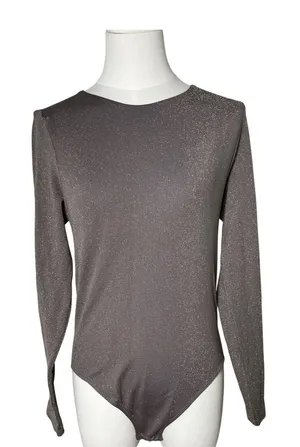 A New Day Medium Shimmer Metallic Long Sleeve Bodysuit Taupe Gray‎ Sparkle thumbnail 1