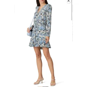 Veronica Beard 14 Riggins‎ Dress Mini Shift Blue Silk Floral V Neck Long Sleeves thumbnail 10