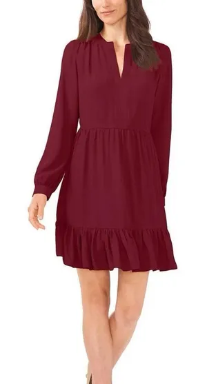 Vince Camuto Long Sleeve Split Neck Tiered Babydoll Dress in Crisp Merlot Sz XXL thumbnail 1