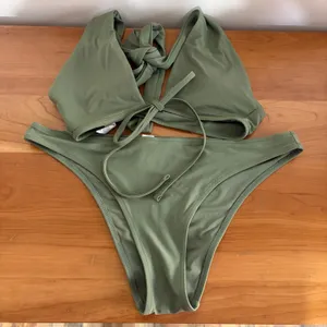 Aerie Olive Green Ribbed Bikini Set Scoop Halter Top L Bottoms M Cheekier 2pc thumbnail 1