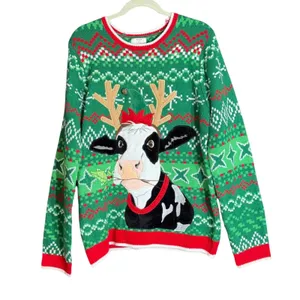Holiday Time Womens Size Medium Ugly Christmas Sweater Cow Reindeer Green Winter thumbnail 2