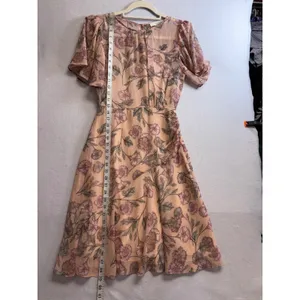ASTR The Label Peach Floral Flutter Sleeve Metallic Stripe Midi Dress XS Womens thumbnail 10