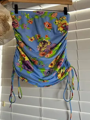 WAYF Blue Floral Ruched Drawstring Mini Skirt Size XS thumbnail 1
