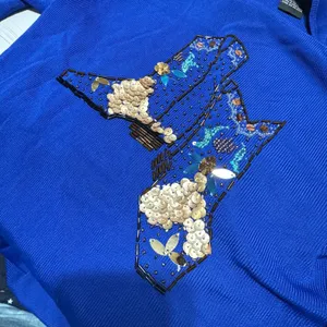 VTG Sweaterworks Top Beaded Sequined‎ Royal Blue Knit Cowboy boots Cowgirl sz S thumbnail 6