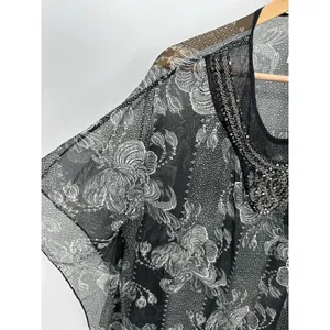 Soft Surroundings Black Cream Sheer Beaded‎ Poncho Swim Cover Up S/M 26733 thumbnail 4