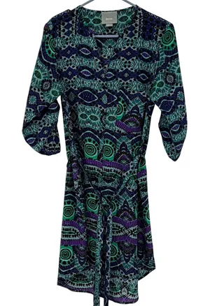 Maeve Anthropologie‎ Womens Small Blue Green Purple Geometric Print Belted Dress thumbnail 1