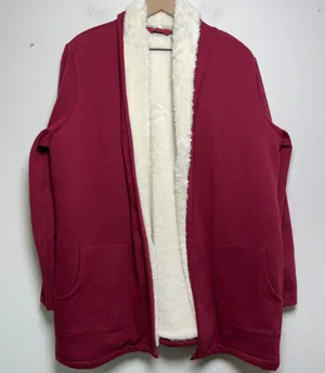 LL Bean Women‎ Cotton Cardigan XL Red Sherpa Lined Open Front Jacket thumbnail 1