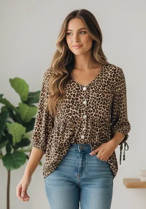 Entro Leopard Print Button Down Blouse Tie Sleeve V-Neck Pockets Boho Chic Small thumbnail 1