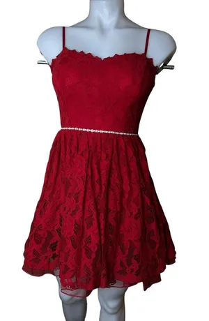 City Studio Ruby Red Lace Fit & Flare Dress Size 3 Rhinestone Waist NWT thumbnail 1