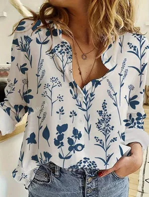 SheIn Botanic Print Turn-Down Collar Long Sleeve Women's Shirt. Size 8/10 (Large) thumbnail 1