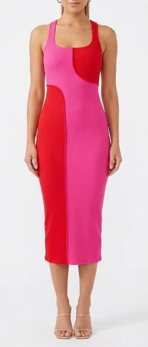 Naked Wardrobe Pink Red Colorblock Ribbed Midi Dress XS Racerback thumbnail 1